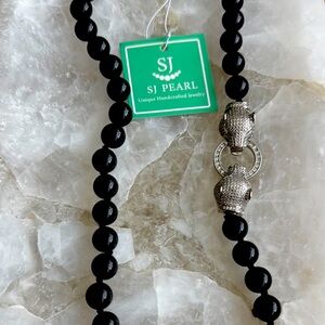 SJ Pearl Black onyx and Silver color Crystal Panther Necklace